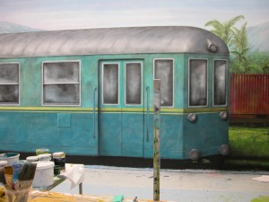 Billede vægmaleri togvogne Lalandia Billund Sommer Larsen